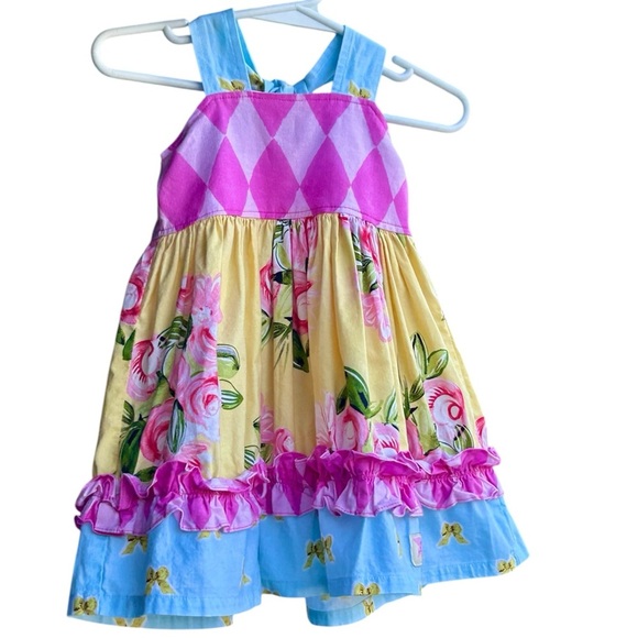 Girls boutique yellow/pink/blue floral sleeveless Dress with ruffles 18m - Picture 10 of 12